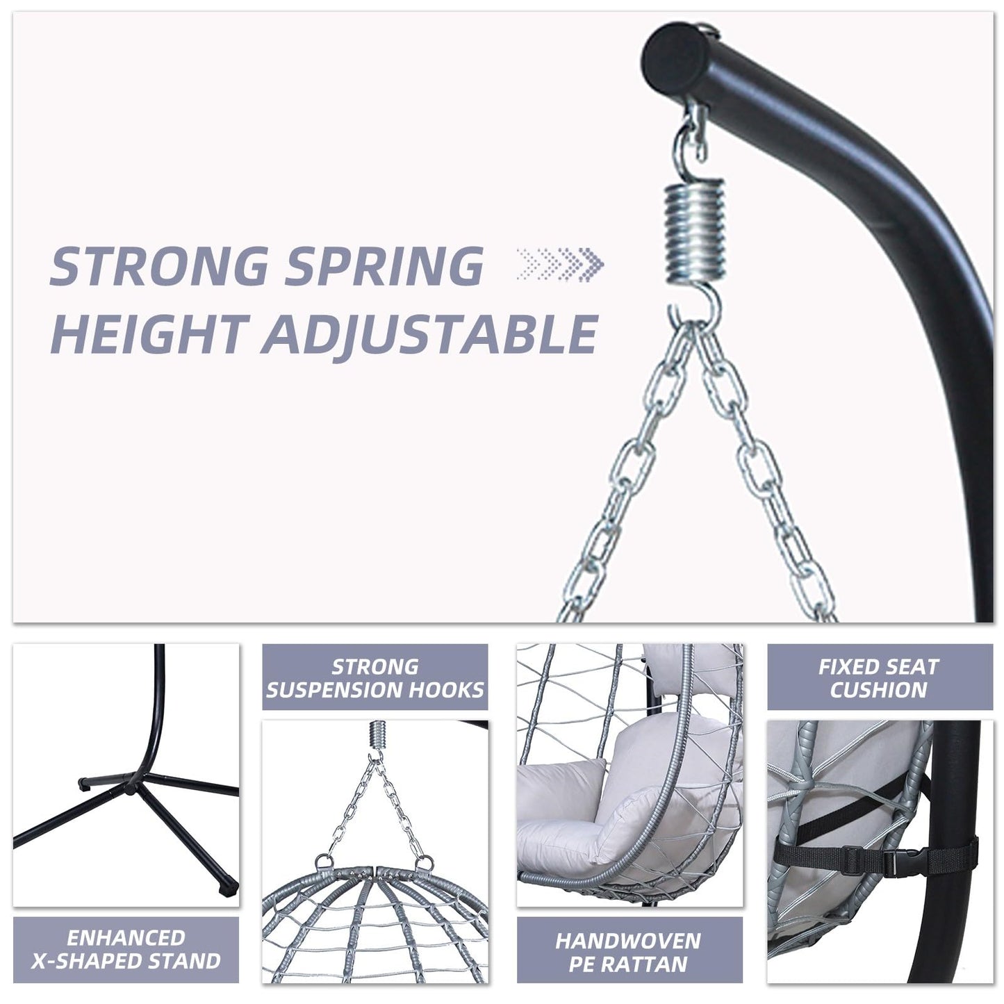 Egg Chair with Stand, Patio Wicker Hanging Swing Egg Chair Thickened, Galvanized Pipe Steel Frame and UV Resistant Cushion for Bedroom Garden Indoor Outdoor, 350LBS Capacity (Silver Gray)