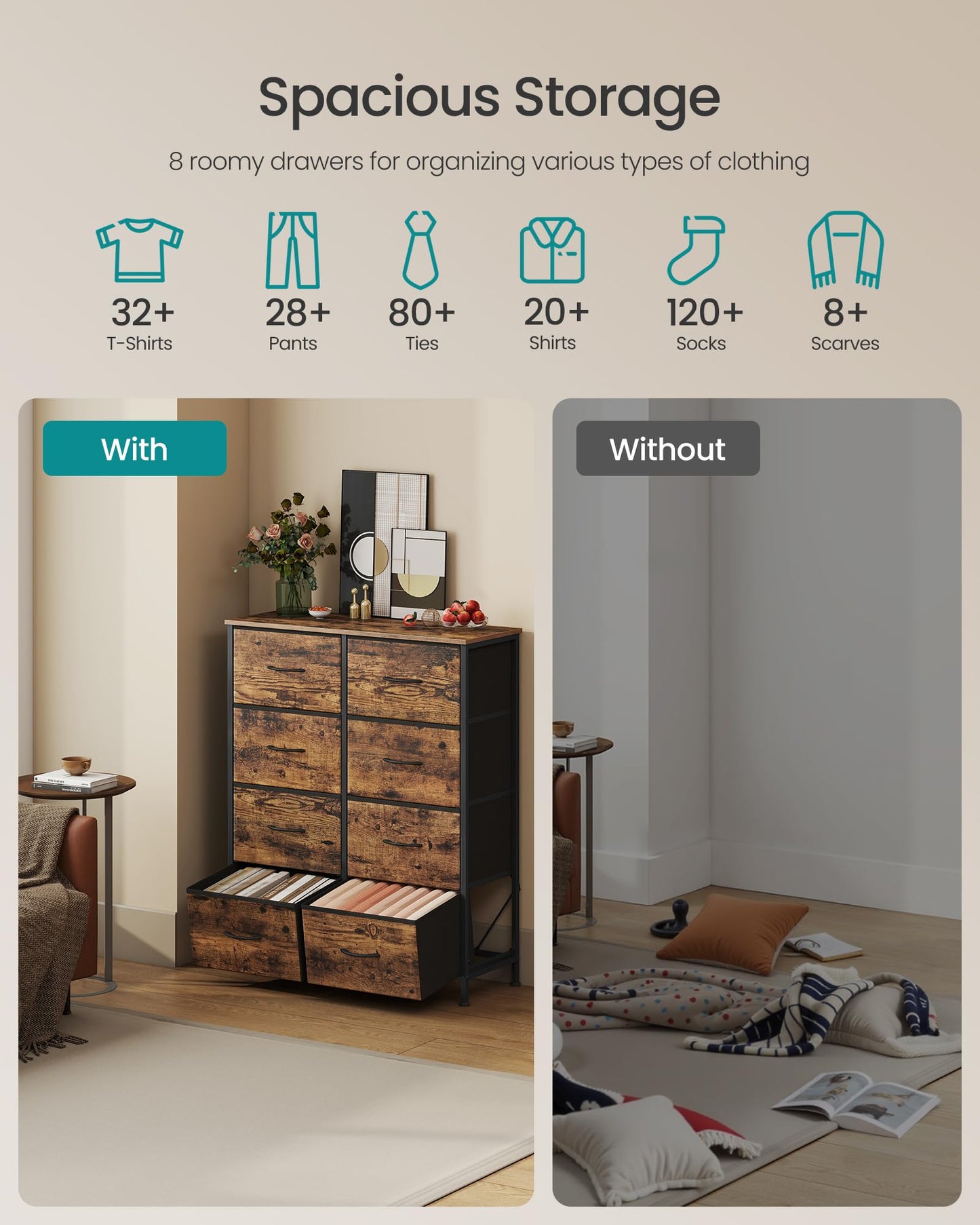 SONGMICS Dresser for Bedroom, Chest of Drawers, Steel, MDF, 8 Non-Woven Fabric Drawers, Storage Organizer Unit, Closet, Entryway, Rustic Brown and Ink Black ULGS124B02S