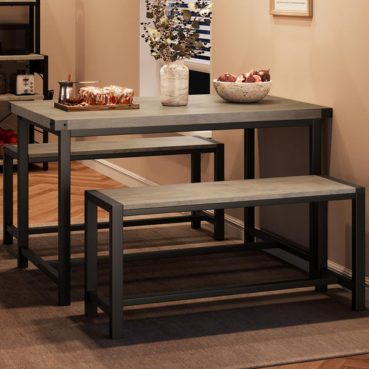 CABIHOME Dining Table and 2 Benches with Corner Protector, Dining Table Set for 4 with 2 Benches, Kitchen Table Set for 4-6 with H-Shaped Frame for Small Space, Kitchen, Apartment, Rustic Gray
