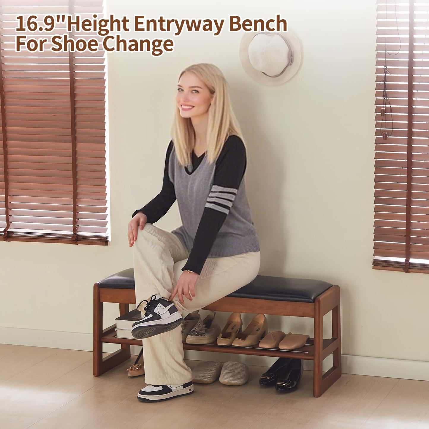 Jimenuco Solid Wood Shoe Rack for Entryway, 40" Shoe Storage Bench with Cushion, PU Upholstered 2-Tier Shoe Bench, Flip-Open Storage Compartment, Ideal for entryways, Closets, or mudrooms
