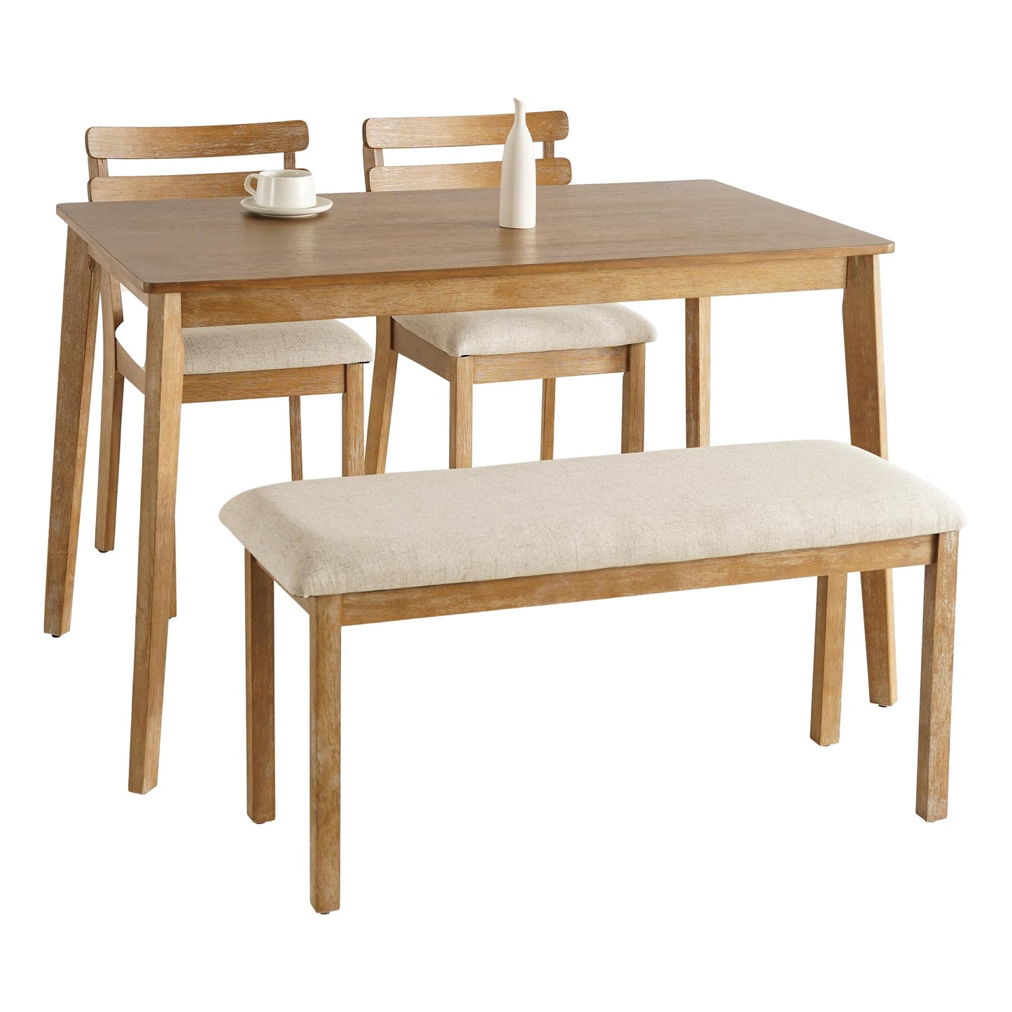 SIMTONAL 4-Piece Farmhouse Dining Set, Wooden Table with 2 Chairs, Bench Seat, Mid-Century Modern Wooden Table & Upholstered Chair Set for Home, Kitchen, Dining Room, Solidwood Legs