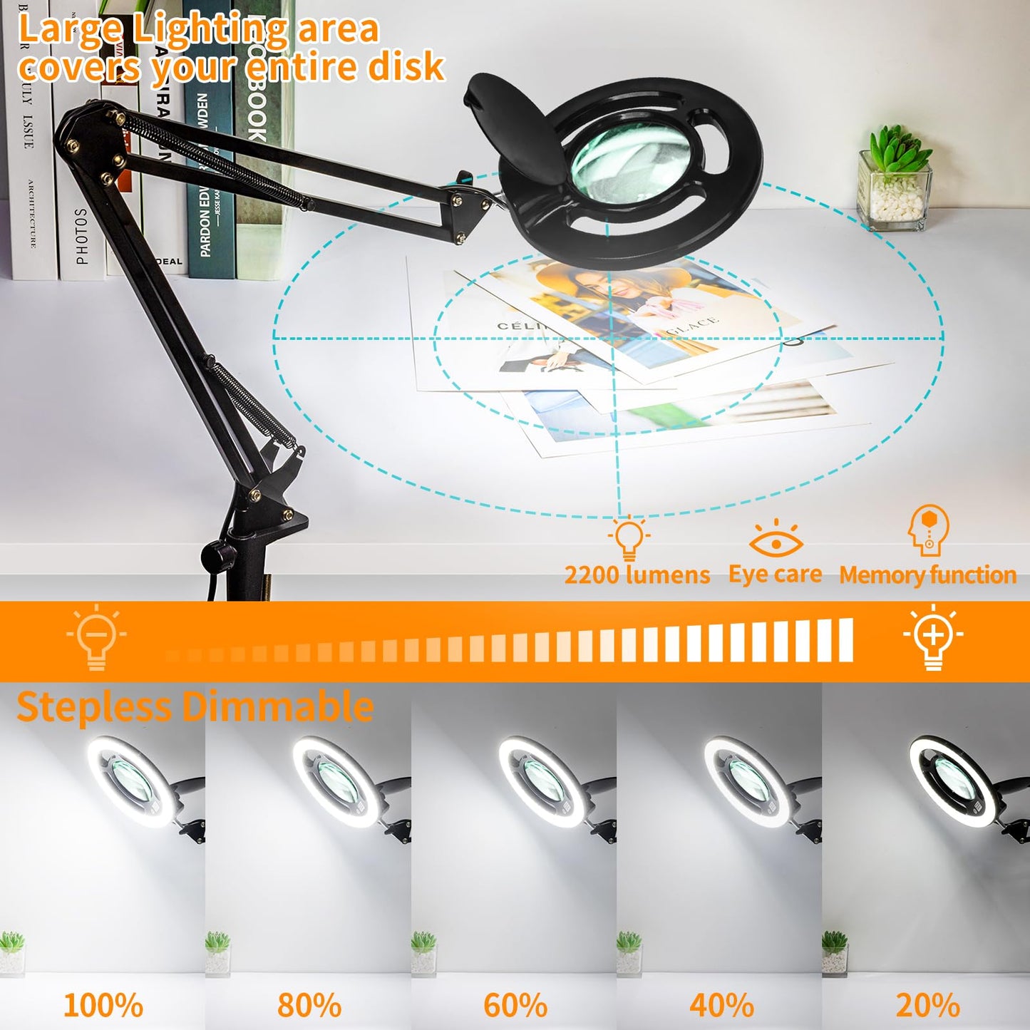 HITTI 10X Long Magnifying Glass with Light and Stand, 2200 Lumens Dimmable Bright LED Lighted Magnifier, Ajustable Swing Arm Magnifying Desk Lamp with Clamp, Hands Free for Hobby Repair Workbench