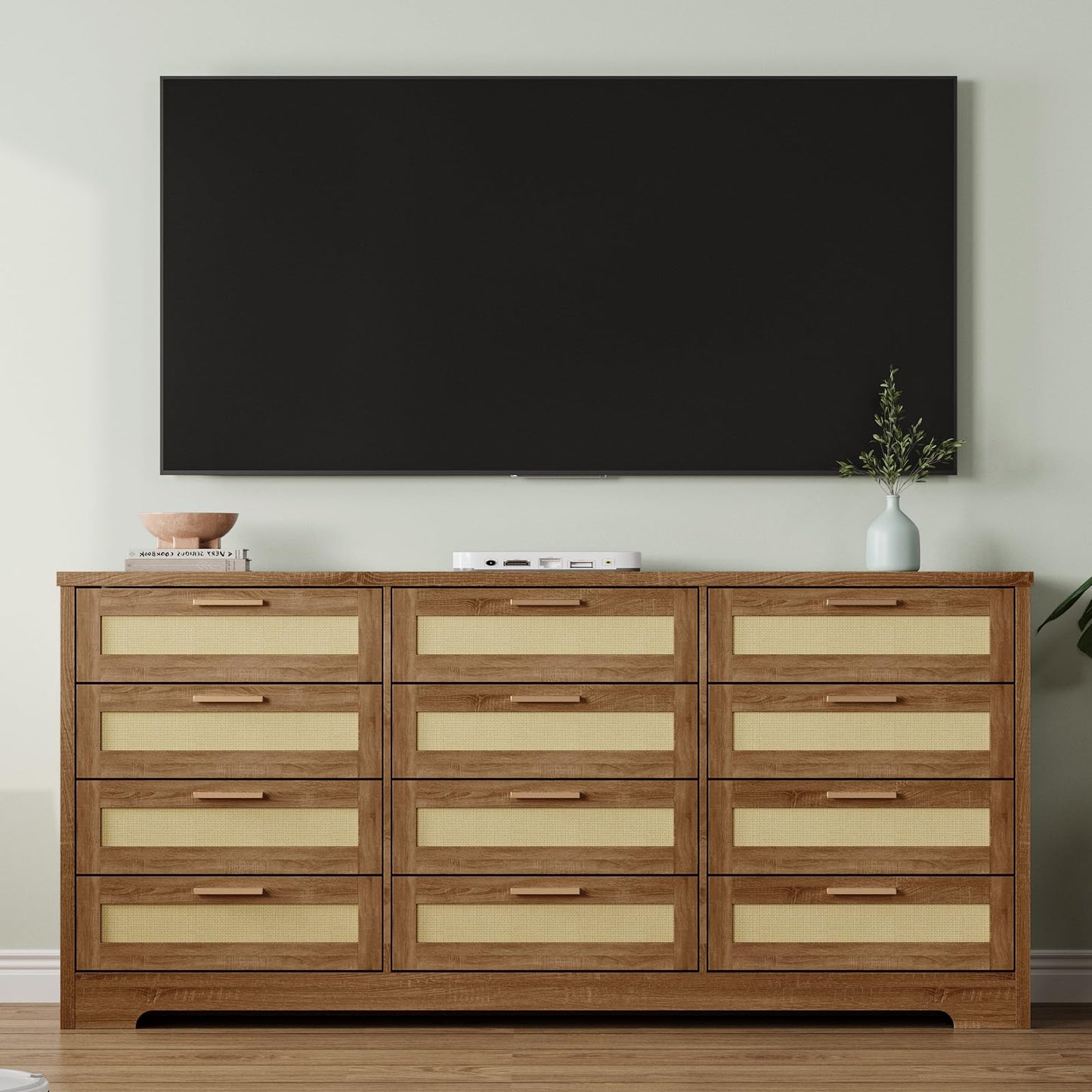 Hipicute 12 Drawer Dresser for Bedroom, Modern Rattan Chest of Drawers, Wood Storage Organizer with Rattan Panel Drawers and Handles, for Nursery, Entryway, Living Room, Natural