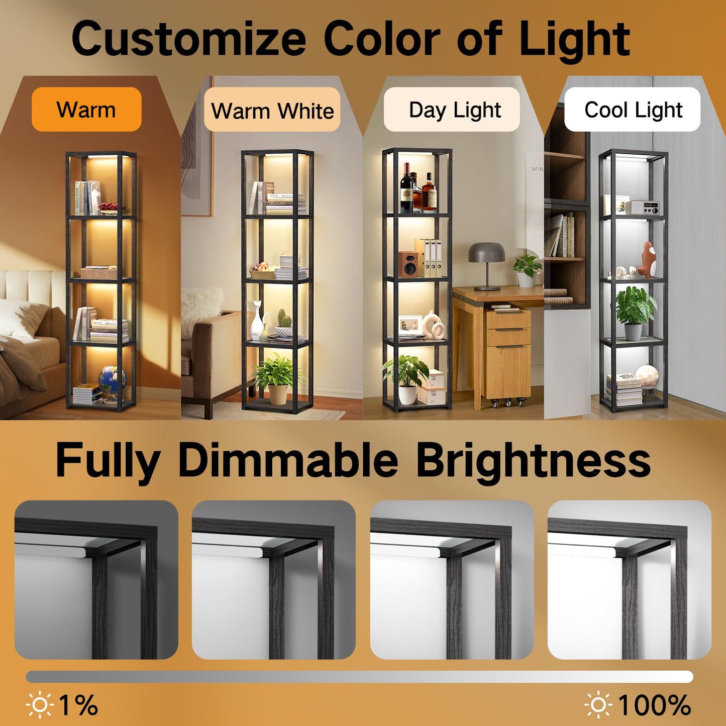 OUTON 67" Glass Display Shelf with Dimmable LED Floor Lamp, Collectibles Display Cabinet with Remote & App Control, 5 Tier Open Bookshelf Lamp for Living Room, Bedroom, Office, Home Decor, Black