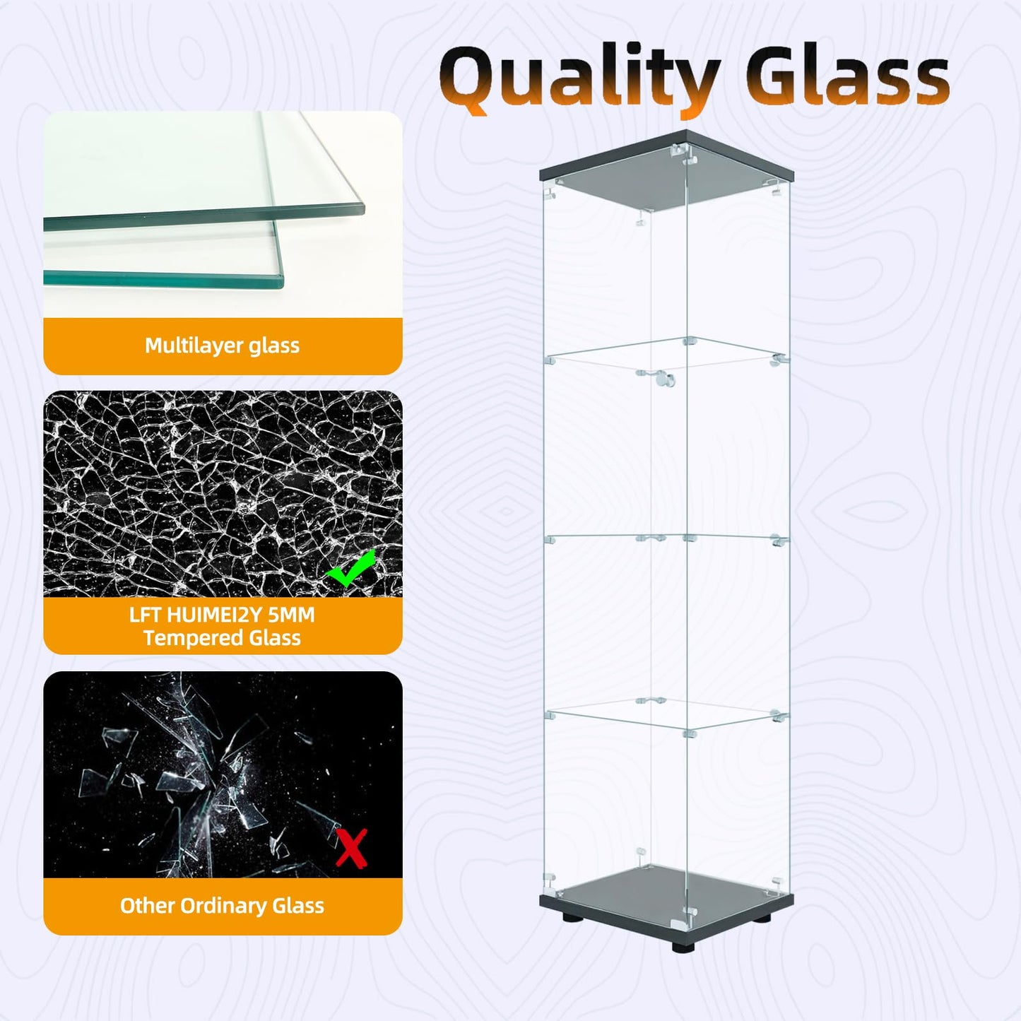 LFT HUIMEI2Y Glass Display Cabinet 4-Shelf with Door and Lock, Curio Cabinets Upgraded Quick-Install Style Tempered Glass Floor Standing Bookshelf for Bedroom, Living Room 65”x 17”x 14” Black