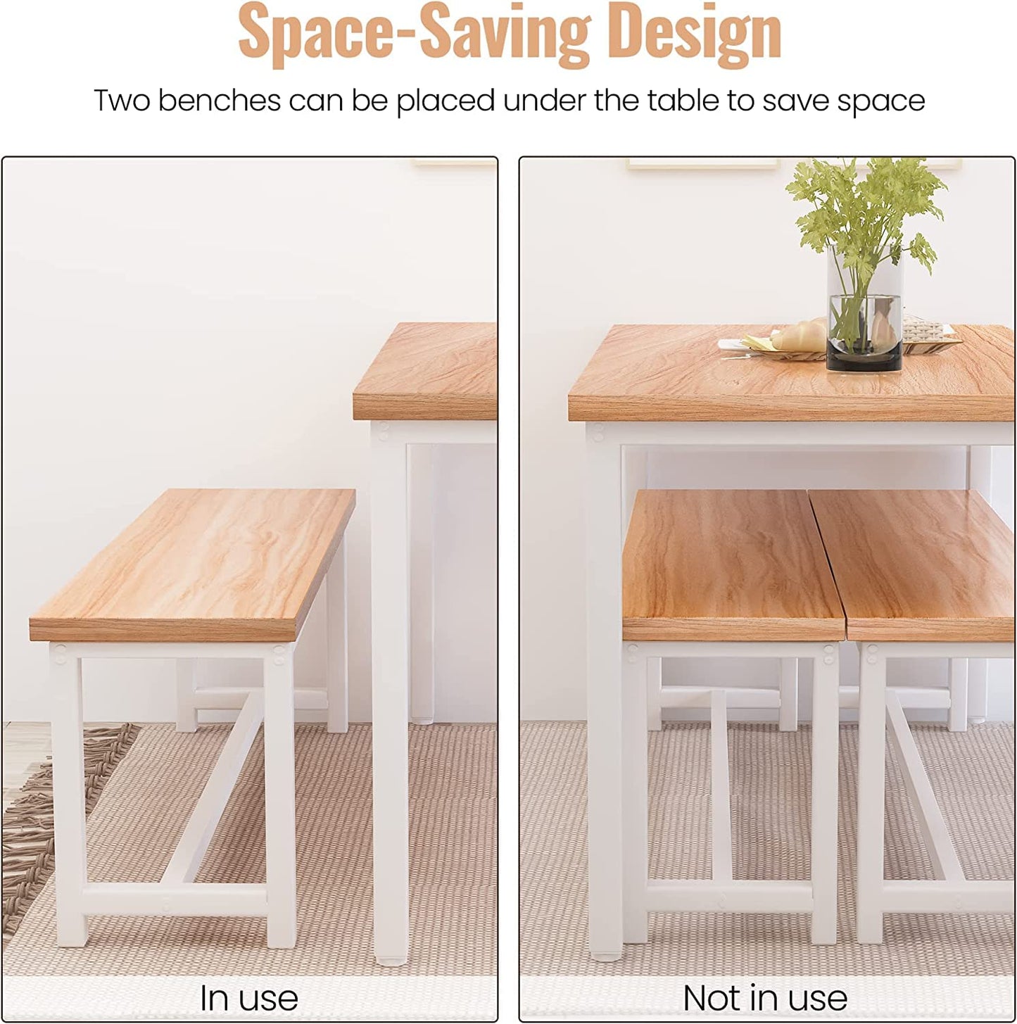 LinkRomat Dining Room Table Set with 2 Benches, Farmhouse Dining Table Set for 4, Wood Breakfast Dinner Table Set for Breakfast Nook Small Spaces, Beige