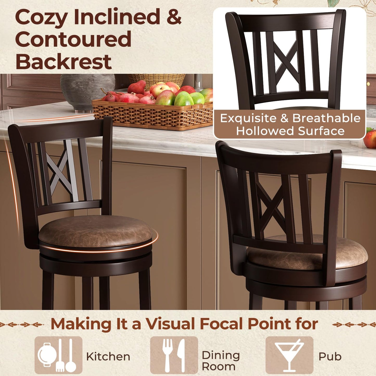 COSTWAY Bar Stools Set of 2, 30” Swivel Bar Chairs with Footrest, Rubber Wood Frame & Hollowed Backrest, Leathaire Bar Height Stools, Padded Counter Stools for Kitchen Island & Pub (2, 30'')