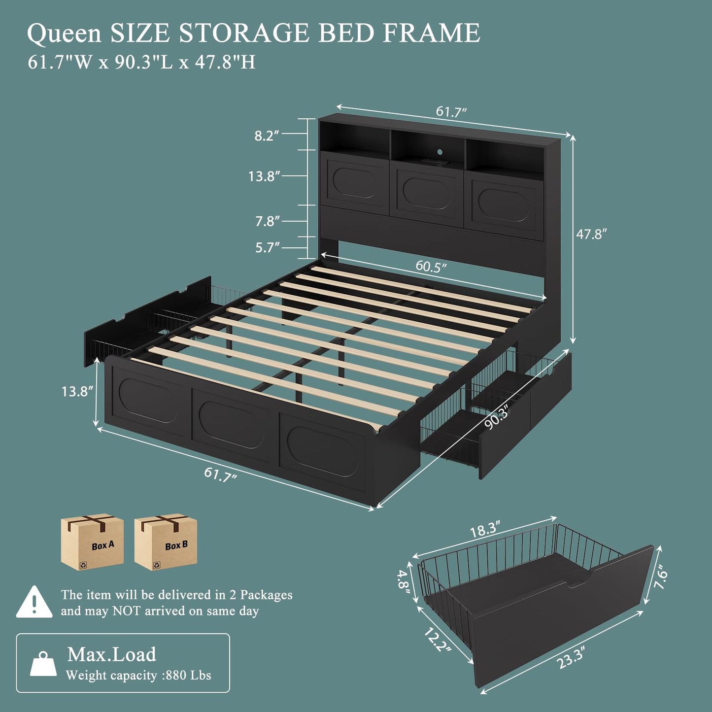 Modern Black Queen Size Bed Frame with 4 Storage Drawers, 48" Tall Storage Headboard with Charging Station, Platform Bed with LED Lights, No Box Spring Needed, Easy Assembly