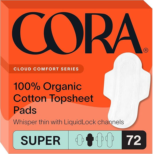 Cora 100% Organic Cotton Ultra Thin Period Pads with Wings | Super Absorbency | Ultra-Absorbent Sanitary Napkins for Women (72 Count)