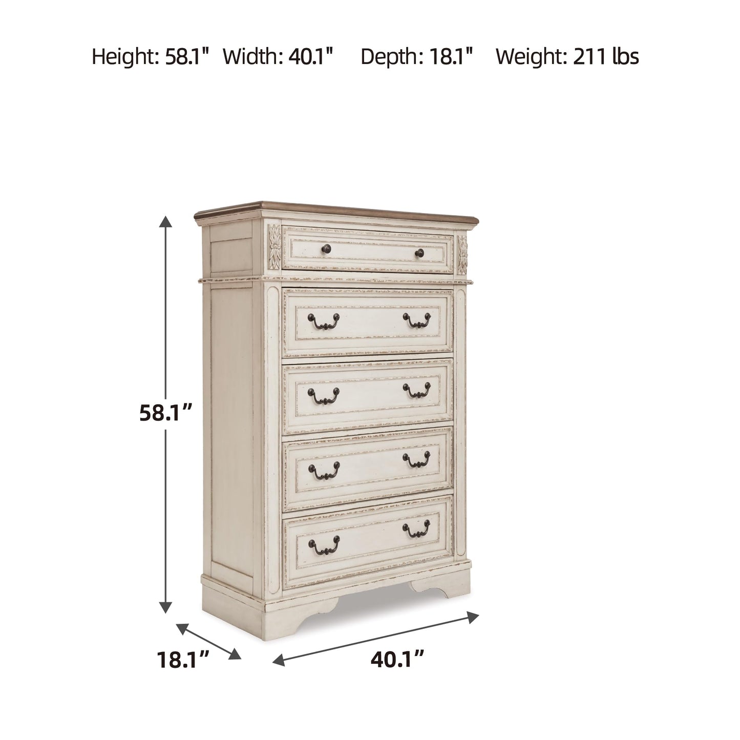 Signature Design by Ashley Realyn French Country Two Tone 5 Drawer Chest of Drawers, Chipped White
