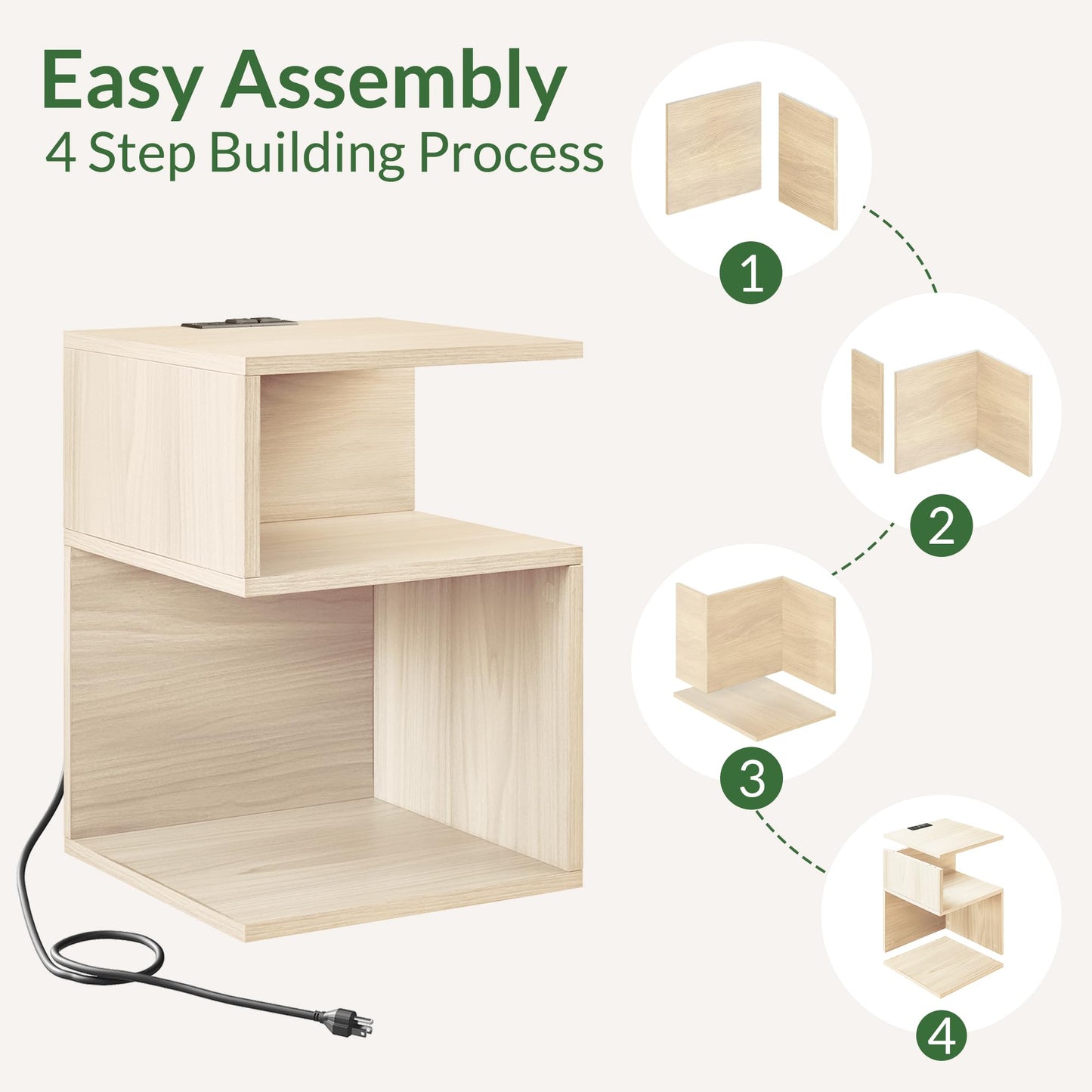 ODIKA Tokyo S Flip Minimalist 3 Tier End Table with Fast Charging Station - USB C Cable Wood Nightstand for Small Spaces with Open Storage Bedside Table for Bedroom (Reverse, Natural w/Charging)