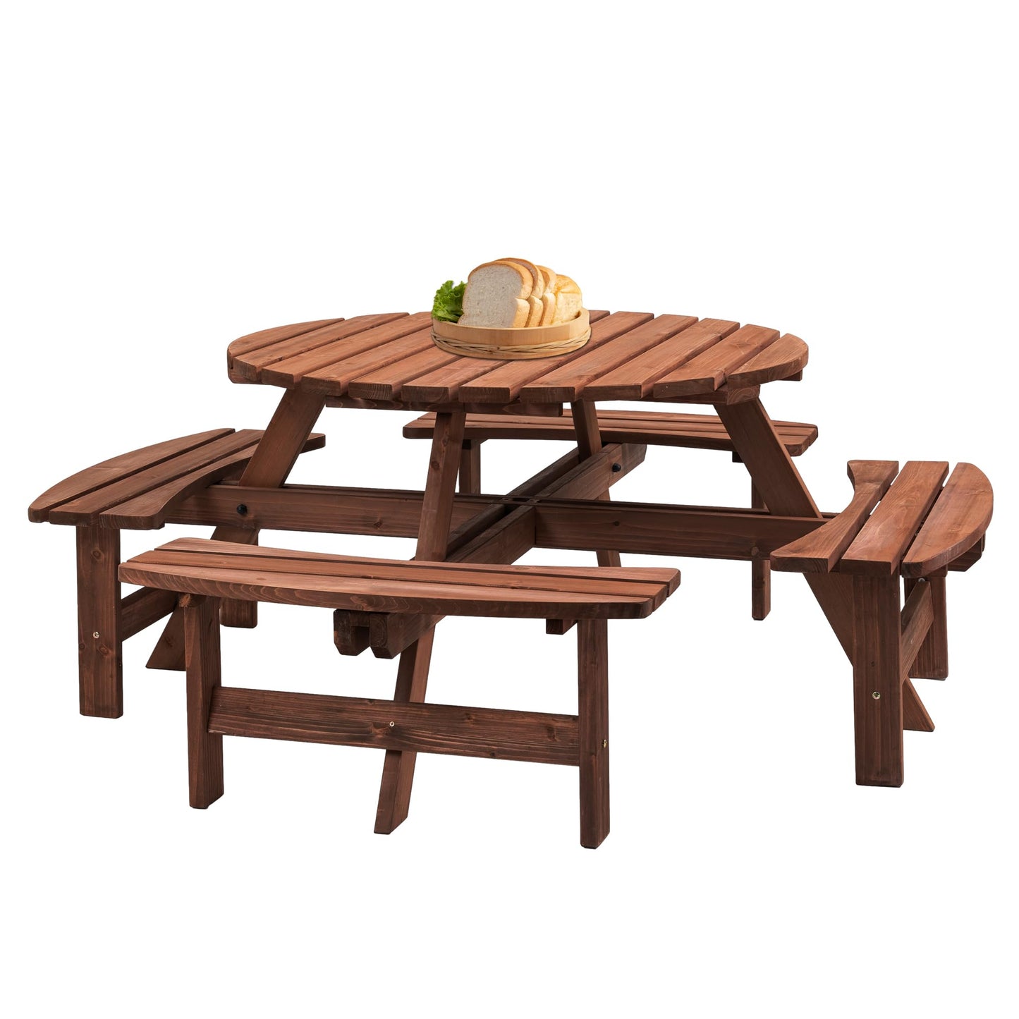 DOPERFE 8-Person Outdoor Round Wooden Picnic Table with 4 Built-in Benches, Outdoor Dining Set with Umbrella Holes, 2220 lb. Weight Capacity for Garden, Lawn, Patio (Brown, 70.07"*70.07"*27.55")