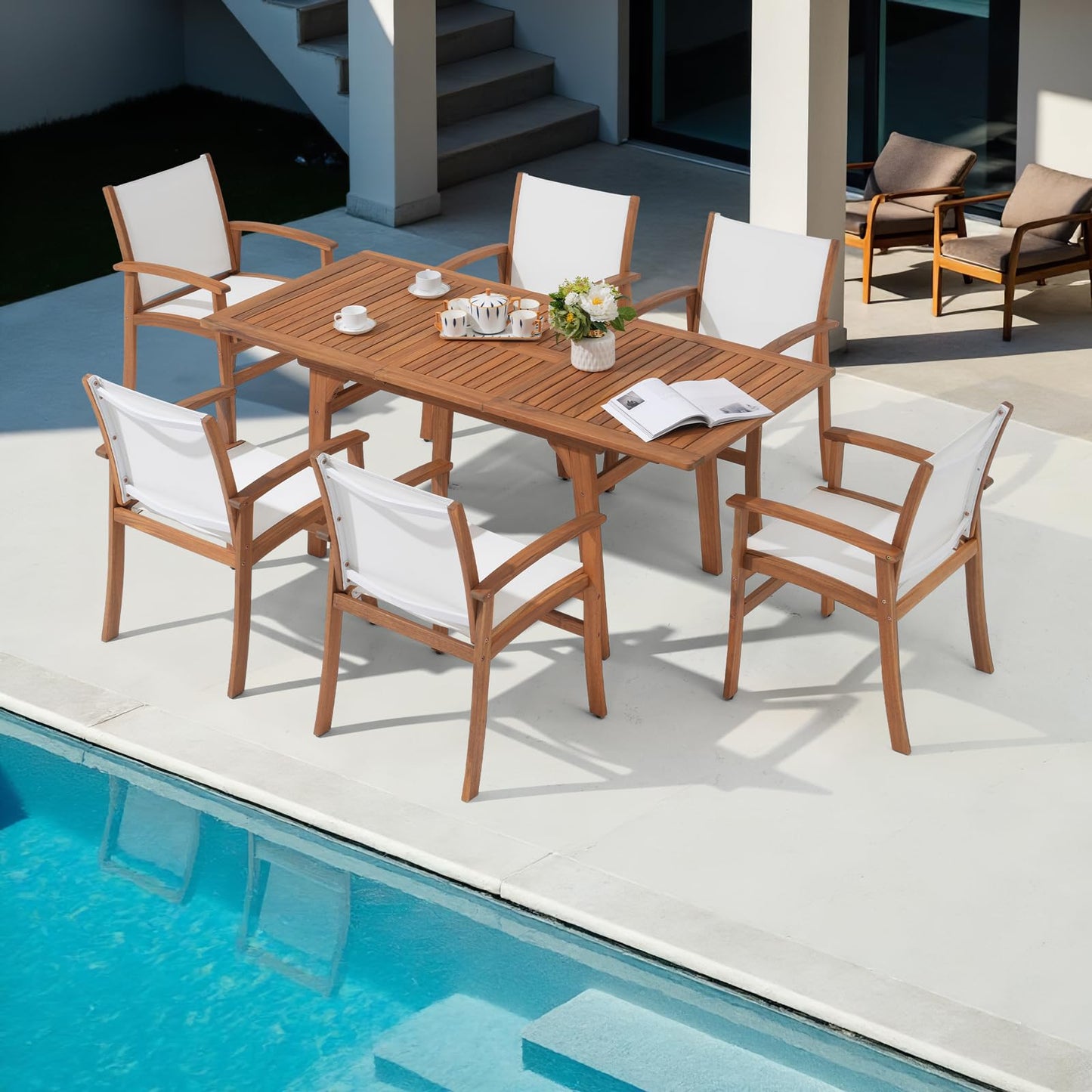 OC Orange-Casual Patio Furniture Set, Outdoor Chairs Set with Acacia Wood Frame and Metal Support Bars,Breathable Textilene Fabric Curved Armchair Support 350lbs for Lawn, Garden (White, 2 Pieces)