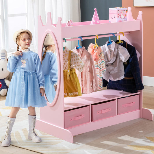 COSVALVE Kids Armoire Dress-Up Storage w/Mirror and Drawers,Dress up Closet,Costume Dress up Wardrobe, Pretend Storage Closet w/Side Pocket Top Shelf for Shoes,Lovely Pink for Girls Room