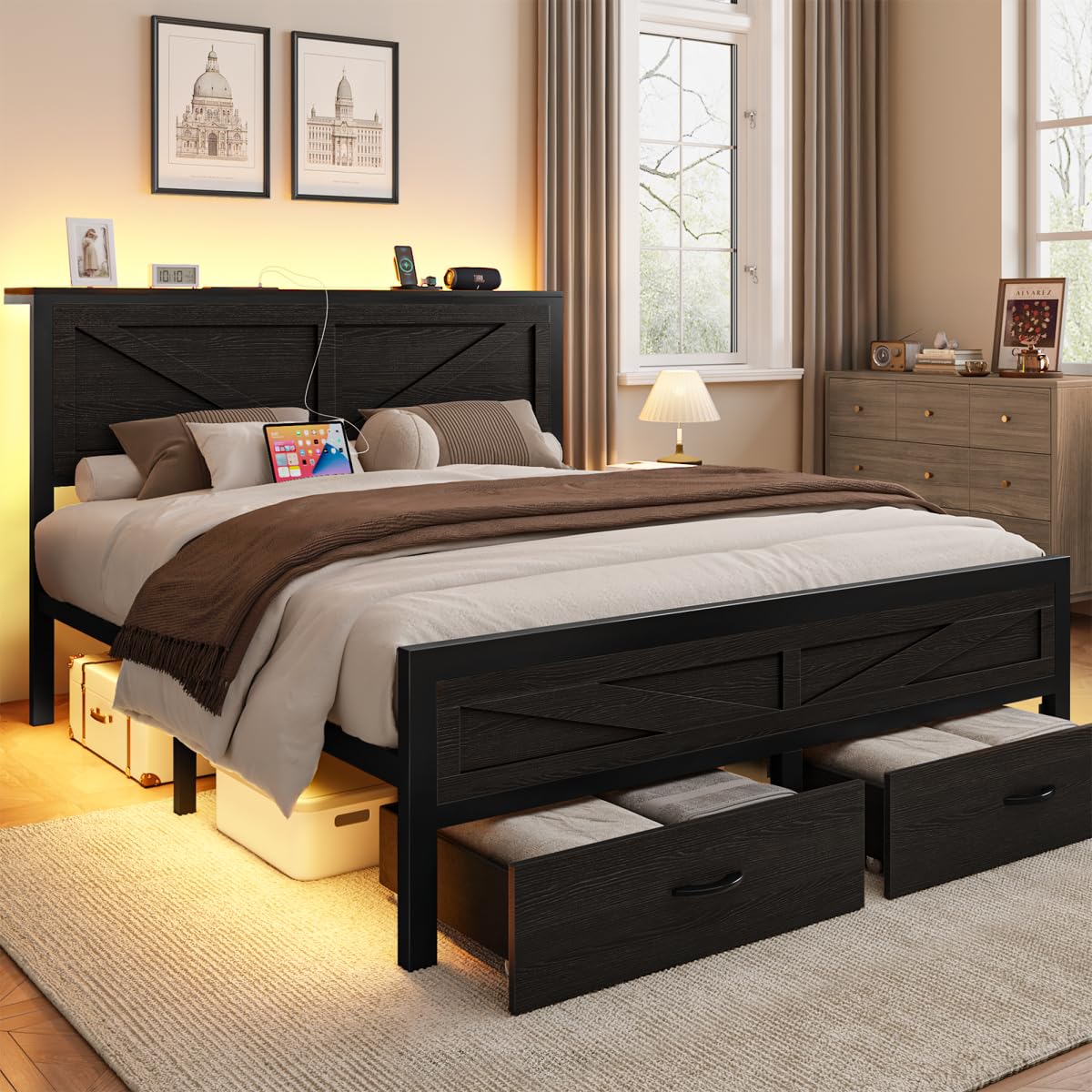 Siihnon Rustic King Size Bed Frame with Storage Drawers and Barn Door Headboard, Farmhouse LED King Bed Frame with Charging Station, Metal Industrial Platform Bed Frames, No Box Spring Needed, Black