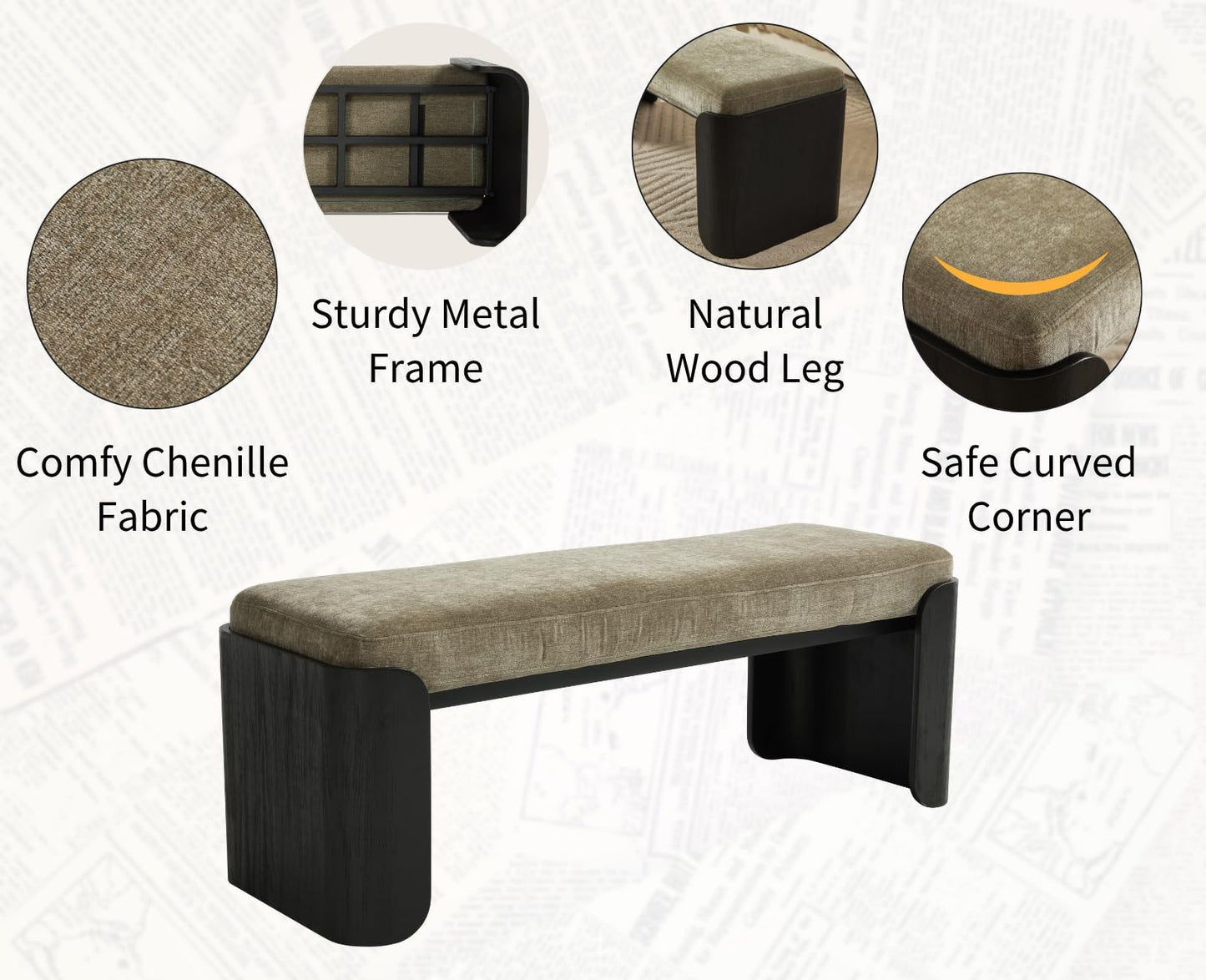 Shunzhi Modern Upholstered End of Bed Bench for Bedroom 49” Entryway Bench with Black Wood Leg Window Ottoman Bench for Living Room/Bedroom/Hallway/Indoor, Green Chenille