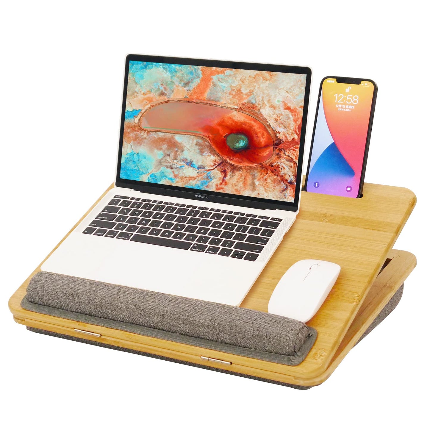 Lap Desk Laptop Tray with Cushion Portable Bed Tray Desk, Adjustable Angle Lap Desk with Tablet Phone Holder, for Home Office, Sofa, Bed, Couch and car. Bamboo Cushioned Laptop Table Tray