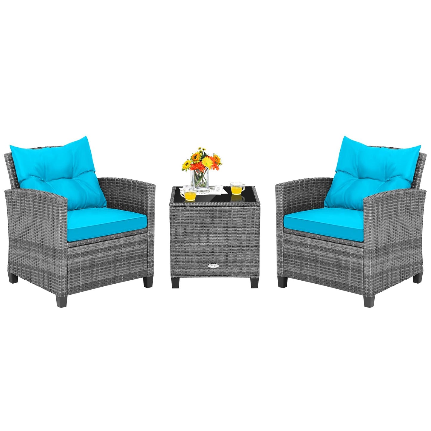 Tangkula 3 Pieces Patio Furniture Set, Outdoor PE Rattan Conversation Chair Set with Tempered Glass Side Table and Removable Cushions, PE Wicker Chairs and Table Set for Porch, Balcony and Garden