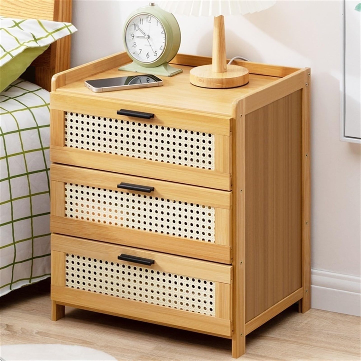 Boho Nightstand, End Table for Bedroom,Rattan Nightstand End Table,3Drawers Storage Ideal for Living Room and Small Space (Brown), for Home(Black)