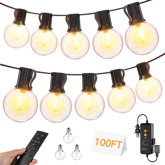 Ccinny Outdoor Lights with Remote Dimmer, 50 + 3 Spare G40 LED Bulbs Plug in Connectable Patio Light, Waterproof Hanging Lights for Backyard Indoor Camping Balcony Yard Deck Decor (100 FT)