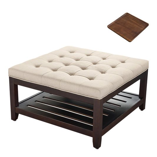 adochr Linen Large Square Ottoman with Storage, Upholstered Button Tufted Ottoman for Living Room, Oversized Ottoman Coffee Table Footrest with Solid Wooden Square Tray, Light Brown