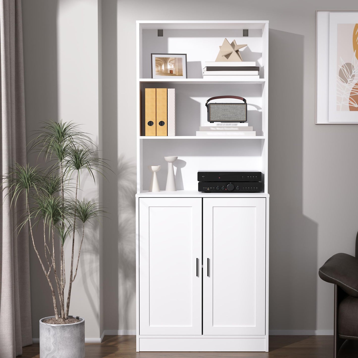 DIYART 5 Tier Bookcase with Doors & Cabinet, 75" Tall Large Wood Bookshelf for Living Room, Office, Library, White Storage Display Shelf with Adjustable Shelves