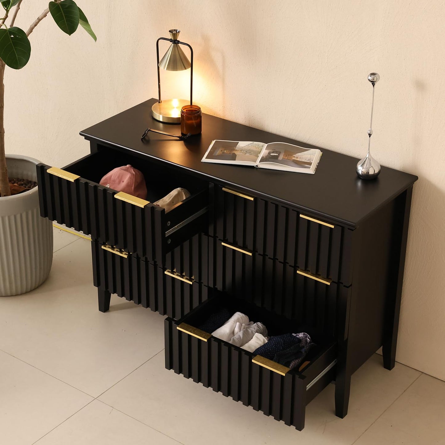 LAZZO 6 Drawer Dresser for Bedroom Black Fluted Wooden Dresser Tall Chest of Drawers with Double Golden Handles Modern Storage Chest TV Stand Storage Cabinet for Living Room, Hallway，Closet