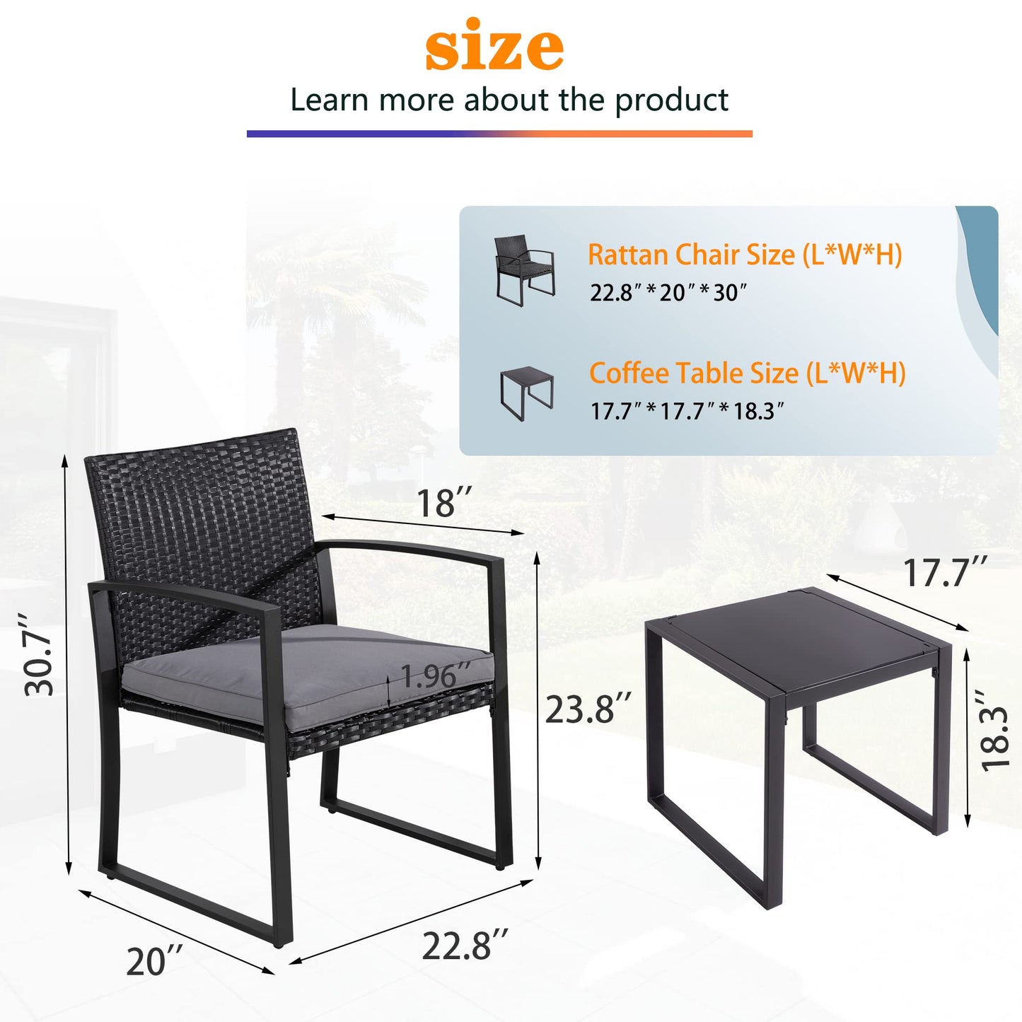 Shintenchi 3 Pieces Outdoor Patio Furniture Set, Modern Wicker Bistro Set, Conversation Rattan Chair of 2 with Coffee Table for Yard Porch Poolside Lawn(Grey Cushion)