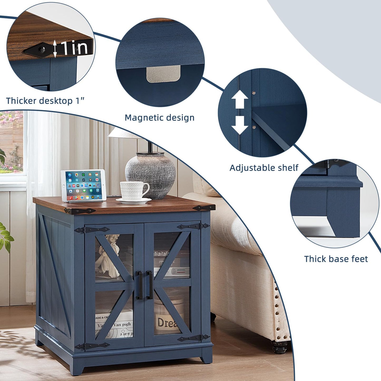 Joaxswe Farmhouse End Table with Charging Station, 24" Large Sofa Side Table with Glass Barn Door, Blue Nightstand with Adjustable Storage Shelf,Wood Square Bedside Table for Living Room,Bedroom
