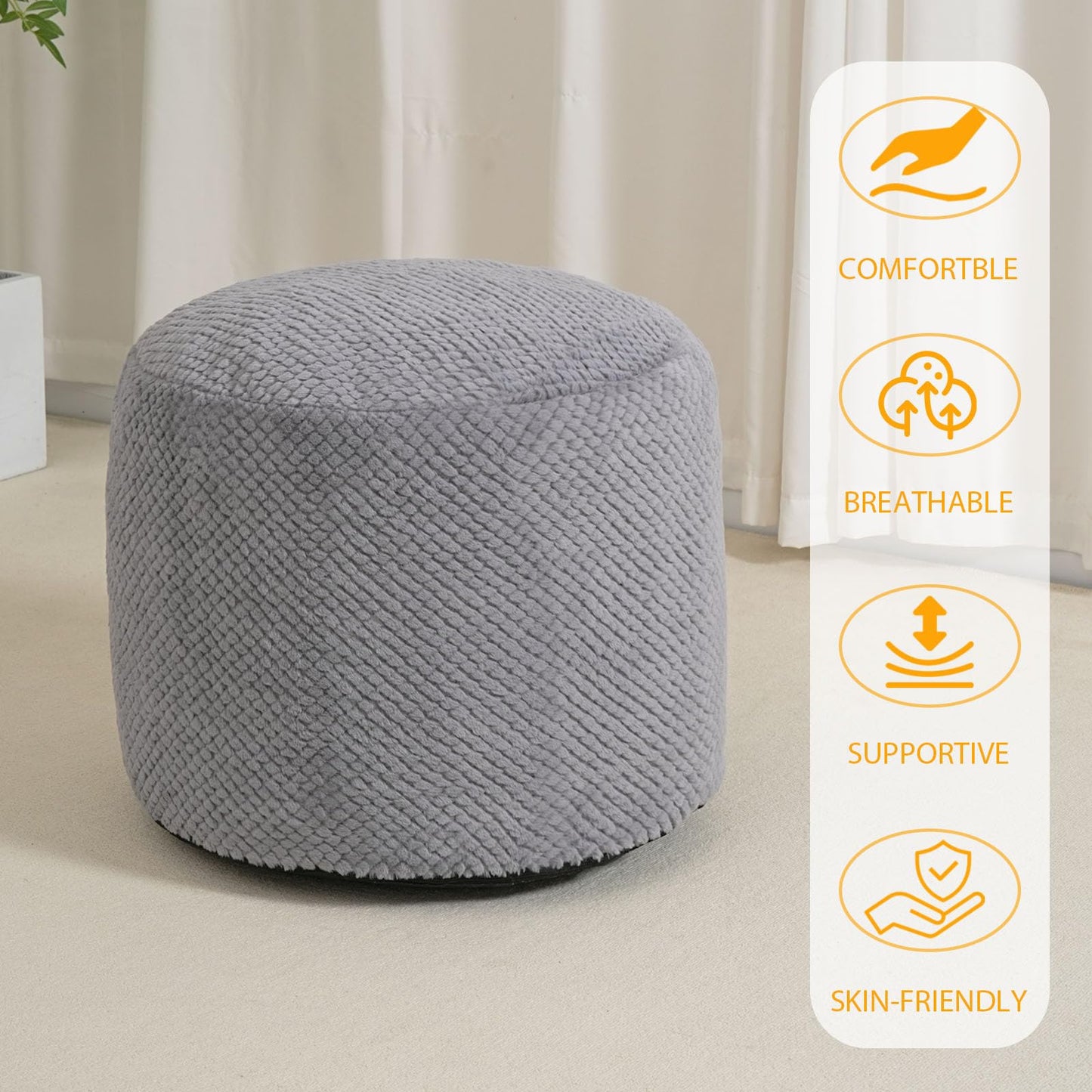 Round Stuffed Pouf Ottoman for Foot Rest, Faux Fur Poufs with Foam Chunk Filling, Storage Ottoman Pouf Foot Stool Cushion Poufs, 20 X 15 Inch Floor Chair for Living Room Bedroom Home Decor, Gray