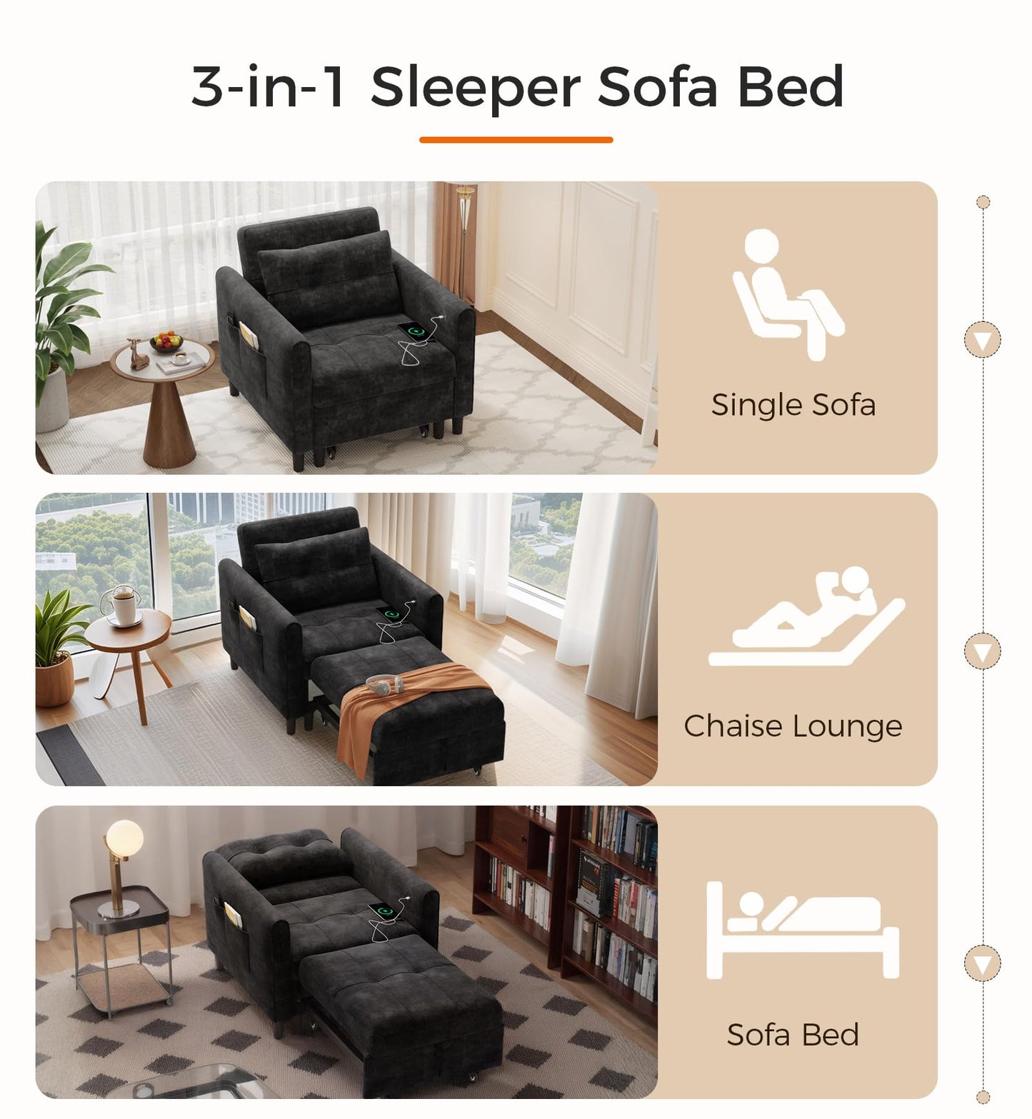 Casaottima Sleeper Chair with Pull Out Bed, Convertible 3-in-1 Lounge Chair with Adjustable Backrest, Chenille Sleeper Sofa for Living Room, Black