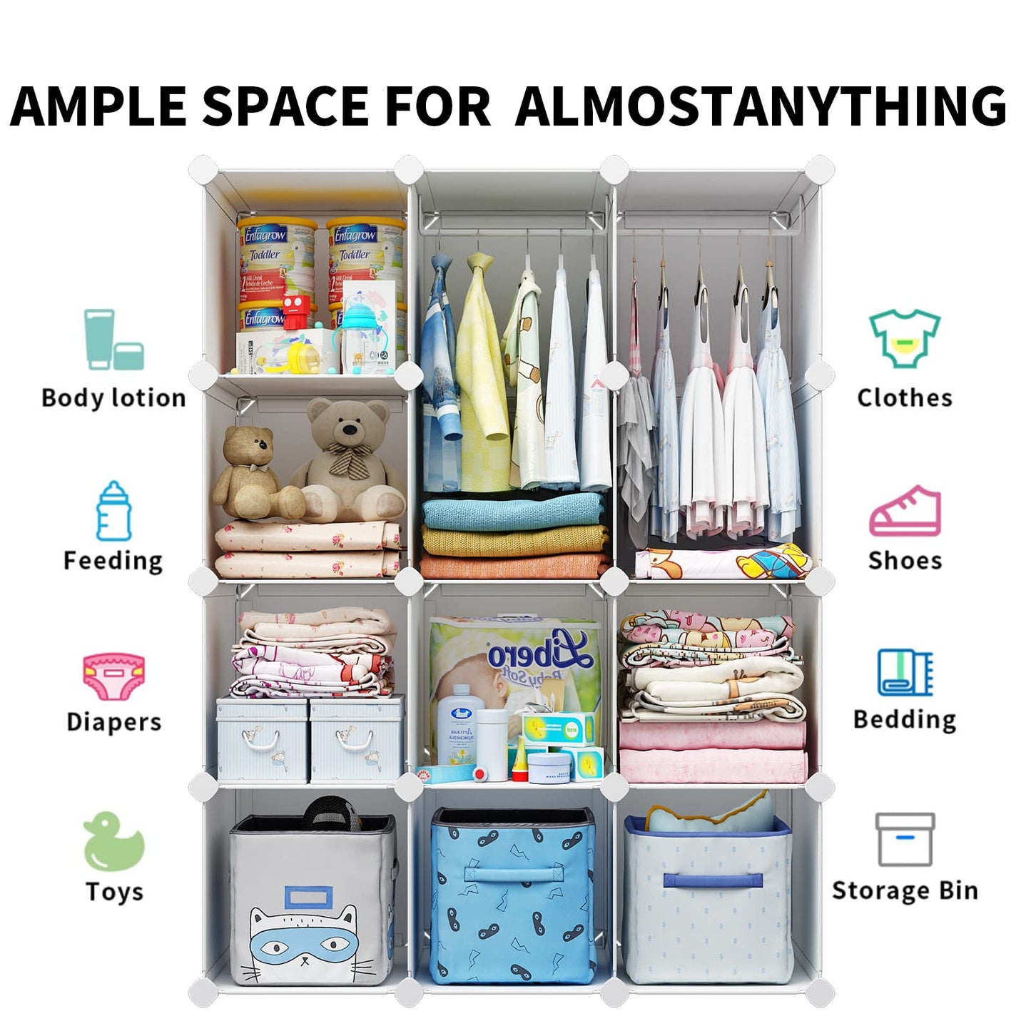 VIPZONE Baby Closet,Dresser, Kids Closet Organizers, Portable Kids Wardrobe for Closet, Bedroom, Nursery, Cubby, Cabinet, Clothes, Dress, Baby Storage Shelf, Armoire Clothes Hanging (12 Cube, White)