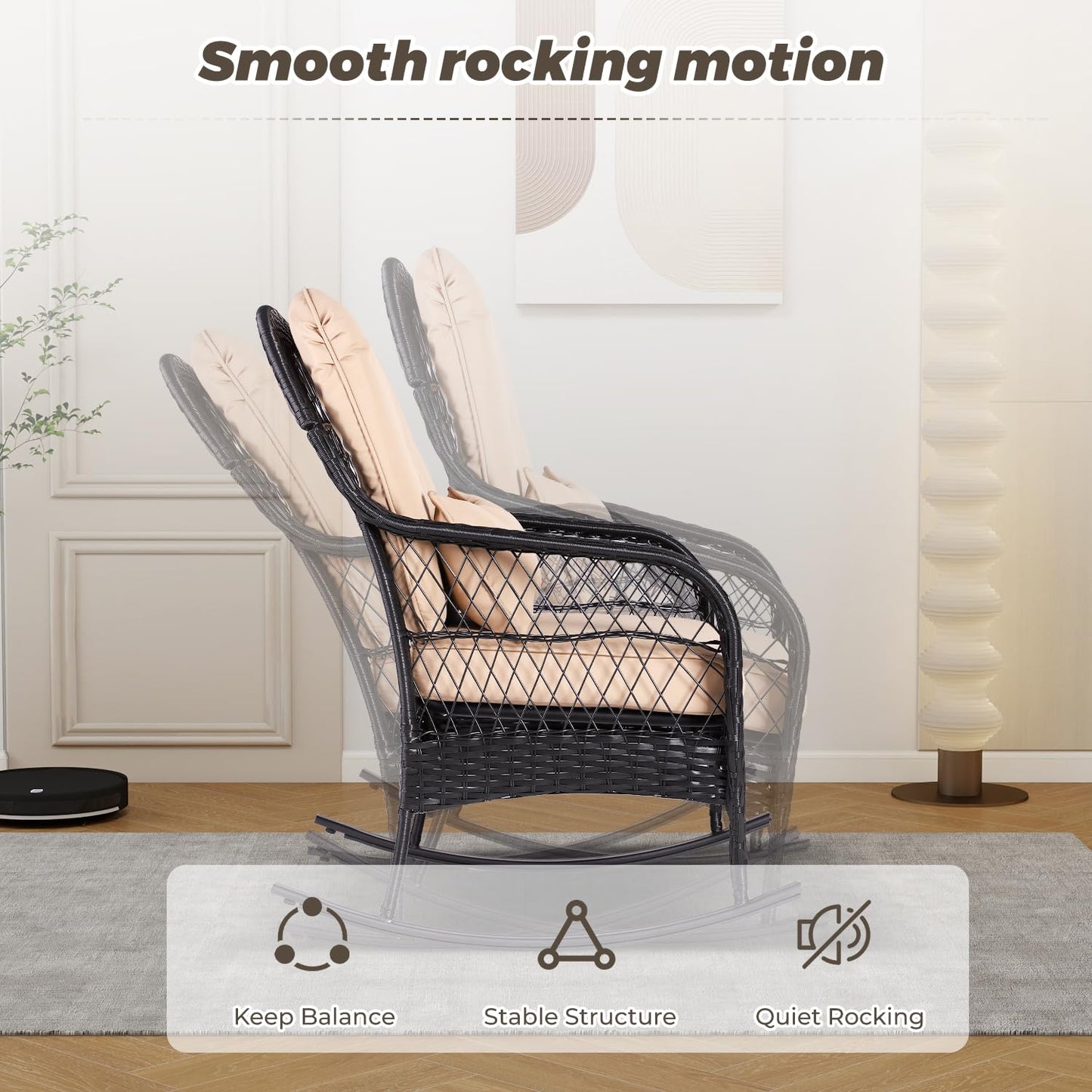 Outdoor Wicker Rocking Chair, PE Rattan Rocker with Seat Back Cushions & Waist Pillow, All- Weather Wicker Furniture for Porch, Backyard, Poolside, Deck (Wicker Chair(1 PC Khaki))