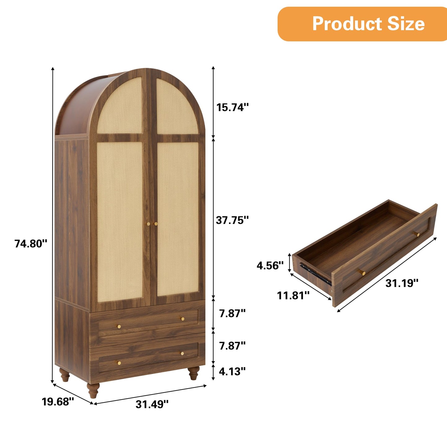 QEIUZON Wardrobe Closet, Arched Rattan Wardrobe Cabinet with Hanging Rod & 2 Drawers, 75" Freestanding Storage Cabinet for Living Room, Laundry Room (Walnut)
