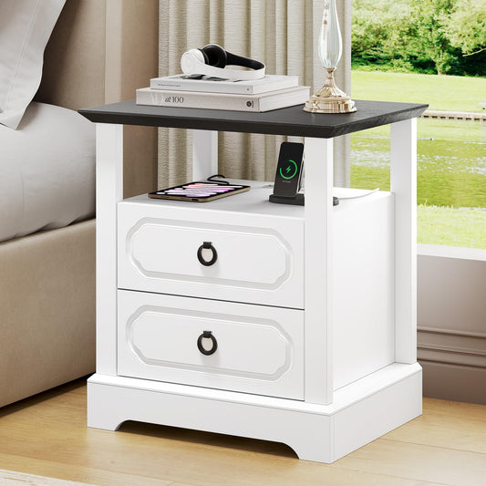 Concho 21.3" Farmhouse Nightstand with Charging Station, Modern End Table with 2 Drawers & Open Shelf, Wood Side Table with Storage, Large Bedside Cabinet for Bedroom, White