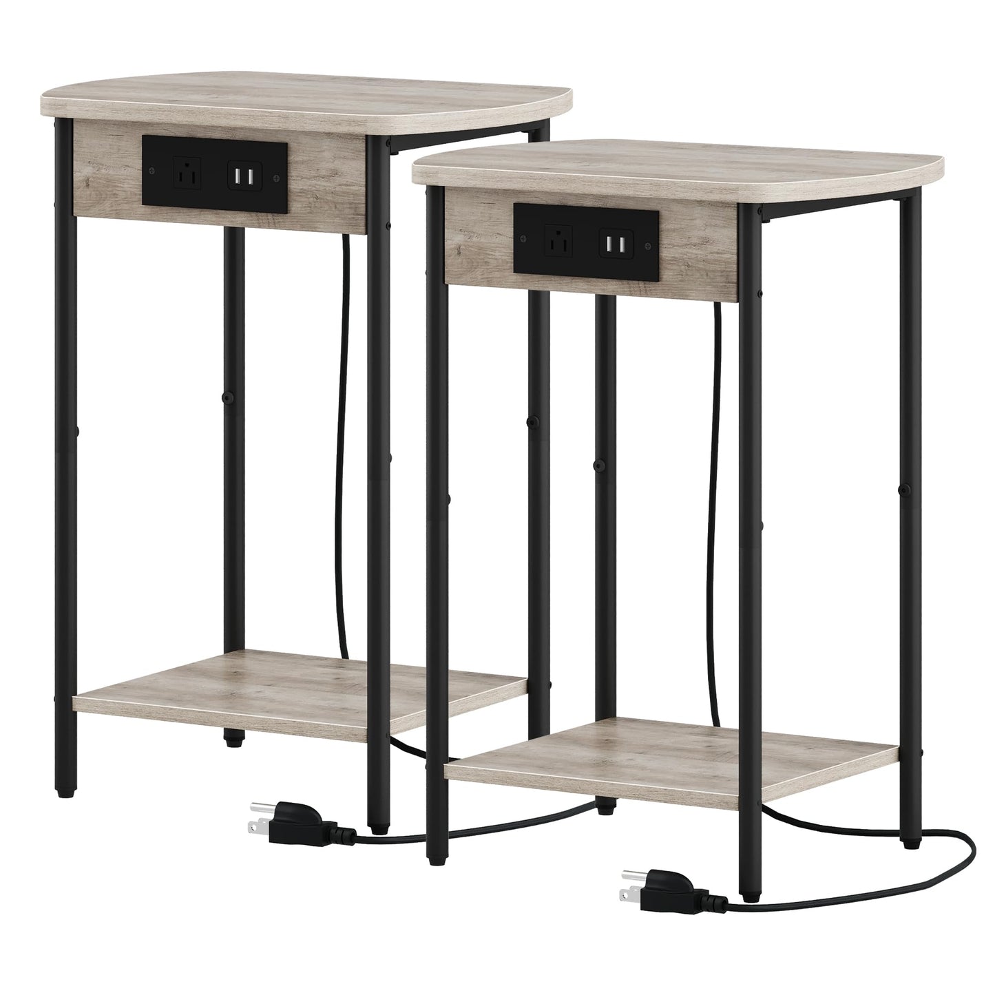 Hzuaneri End Tables with Charging Station, Narrow Side Tables Living Room, Nightstands Set of 2, Storage Bed Side Tables with USB Port & Outlet, Greige and Black ET14205B