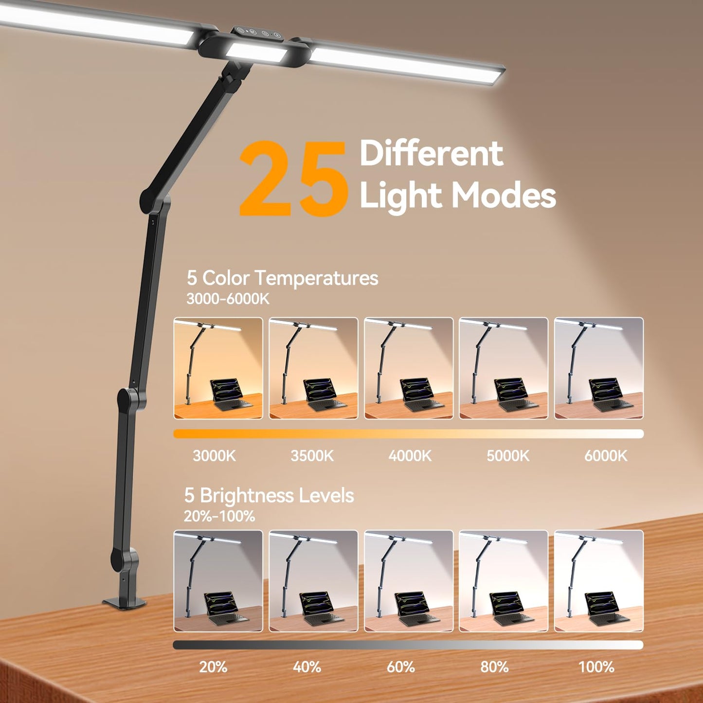 LED Architect Desk Lamp with Clamp - 24W Ultra Bright Adjustable Swing Arm Light for Home Office, 3000 Lumen Auto Dimming Computer Lamp with Stepless Touch Control, Rotatable for Video Calls, Drafting