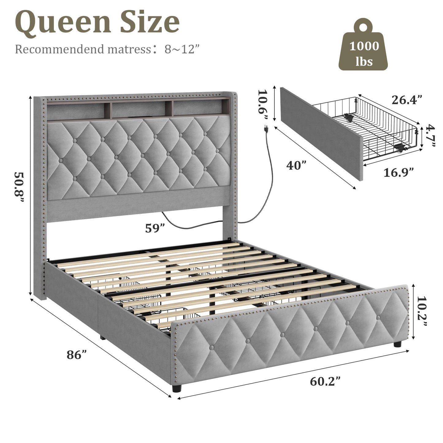 GarveeHome Queen Bed Frame with 50.8" Tall Headboard, Platform Velvet Upholstered Bed Frame with 4 Storage Drawers, USB Charging Station, Led Lights, No Box Spring Needed, Easy Assembly, Dark Grey