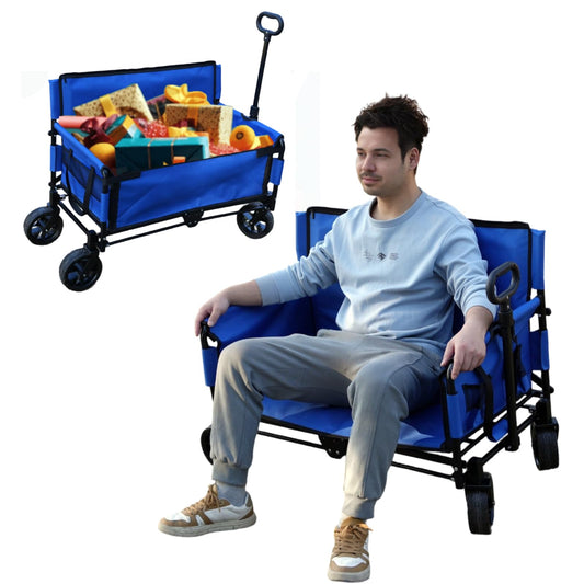 CRESTWALKER Wagon Love Seat with Tall Cushioned Backrest, Foldable Cart That Converts into a 2-Person Chair, 2-in-1 Wagon Bench Seat Combo for Adults (Blue)