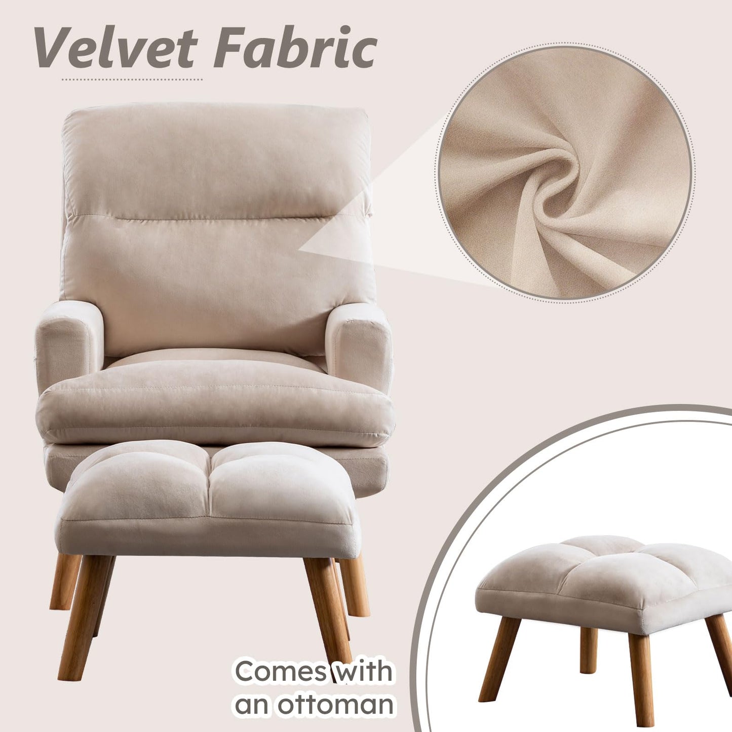 IOMOR Accent Chair with Ottoman Comfy Reading Chair Armchair with Adjustable Backrest and Side Pockets Soft Fabric Leisure Sofa for Bedroom, Living Room, Dorm Rooms, Garden, Beige