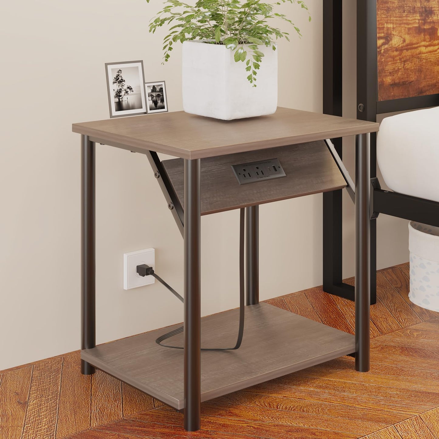 Nightstands Set of 2, Small End Tables with Charging Station, Modern Night Stands, Narrow Side Tables for Small Space, Bedside Tables with 2-Tier Storage Shelf for Living Room, Bedroom, Rustic Grey