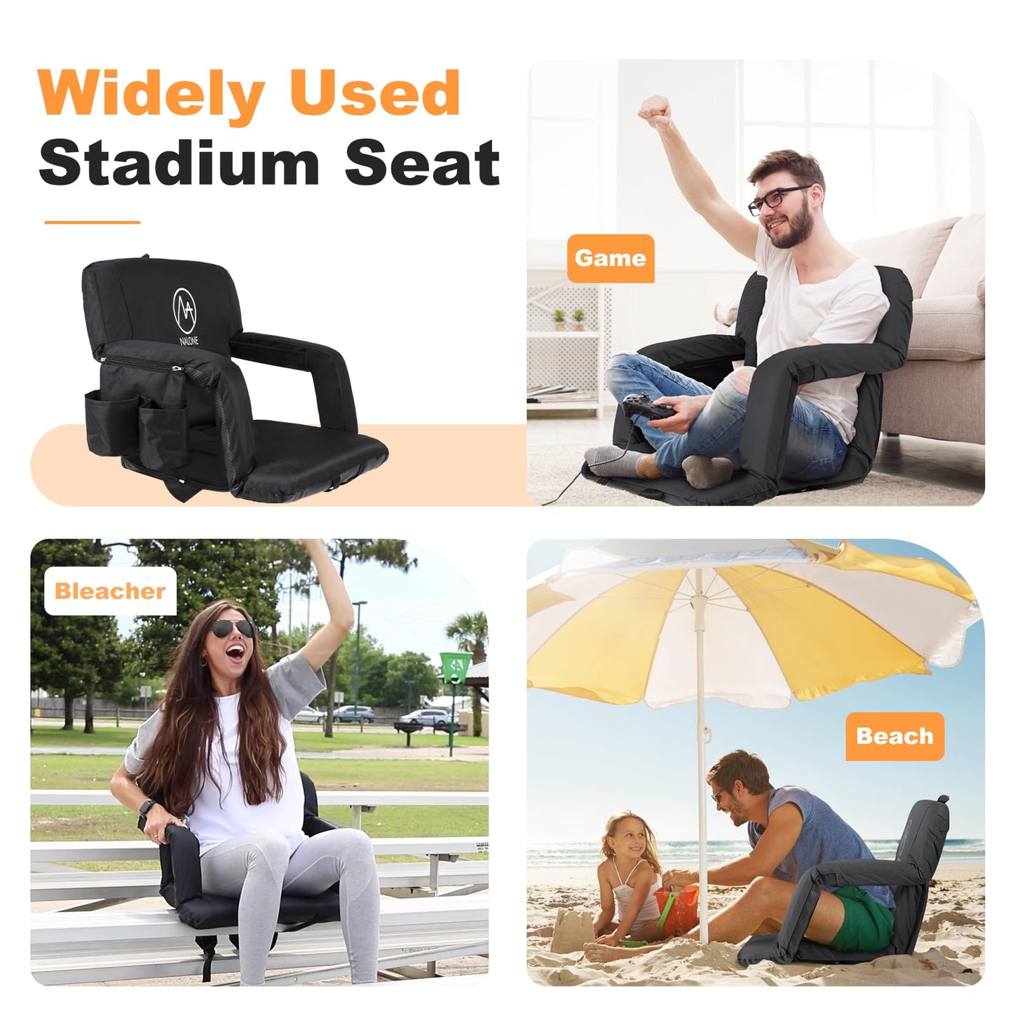 nalone Folding Stadium Seat Set of 2, 20.5 inch Wide Stadium Chairs for Bleachers Stadium Seat Bleacher Chairs Portable with Back Supports Thick Padded Cushion Armrests Reclining(Black)