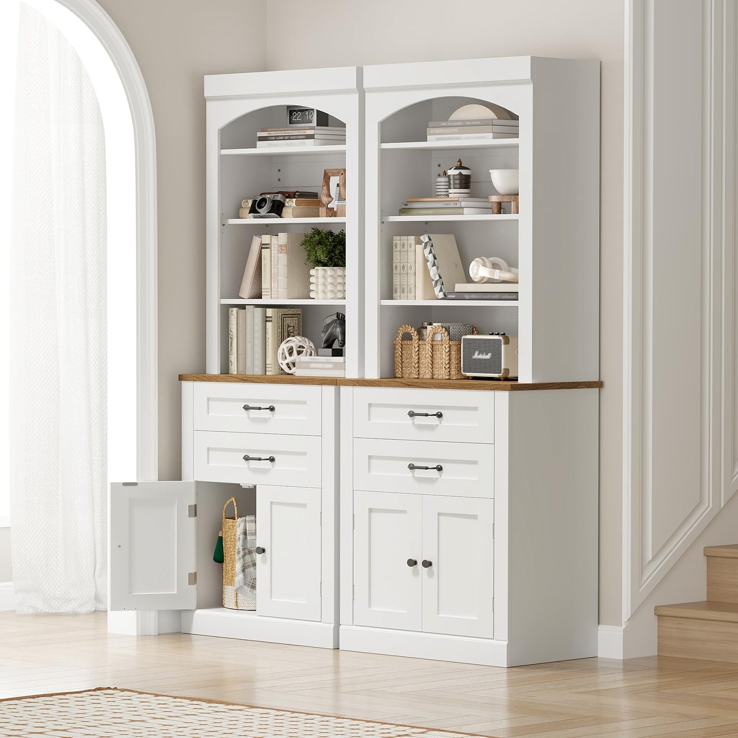 RALGEND Farmhouse Tall Bookshelf, 7 Tier Arched Bookcase with Drawers and Doors, Book Shelf with Storage Cabinet, Wooden Freestanding Open Display Bookshelves for Living Room, Office, White and Walnut