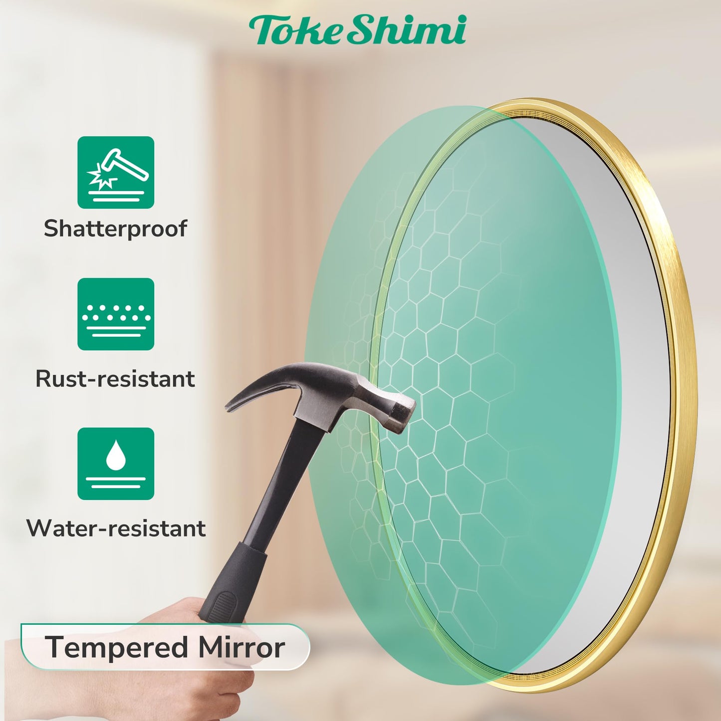 TokeShimi 16 in Round Gold Mirror Framed, 16 x 16 Shatterproof Circle Bathroom Vanity Mirror Wall Mounted Aluminum Wall Mirrored Farmhouse for Entryway, Bedroom, Restroom, Vanity, Living Room