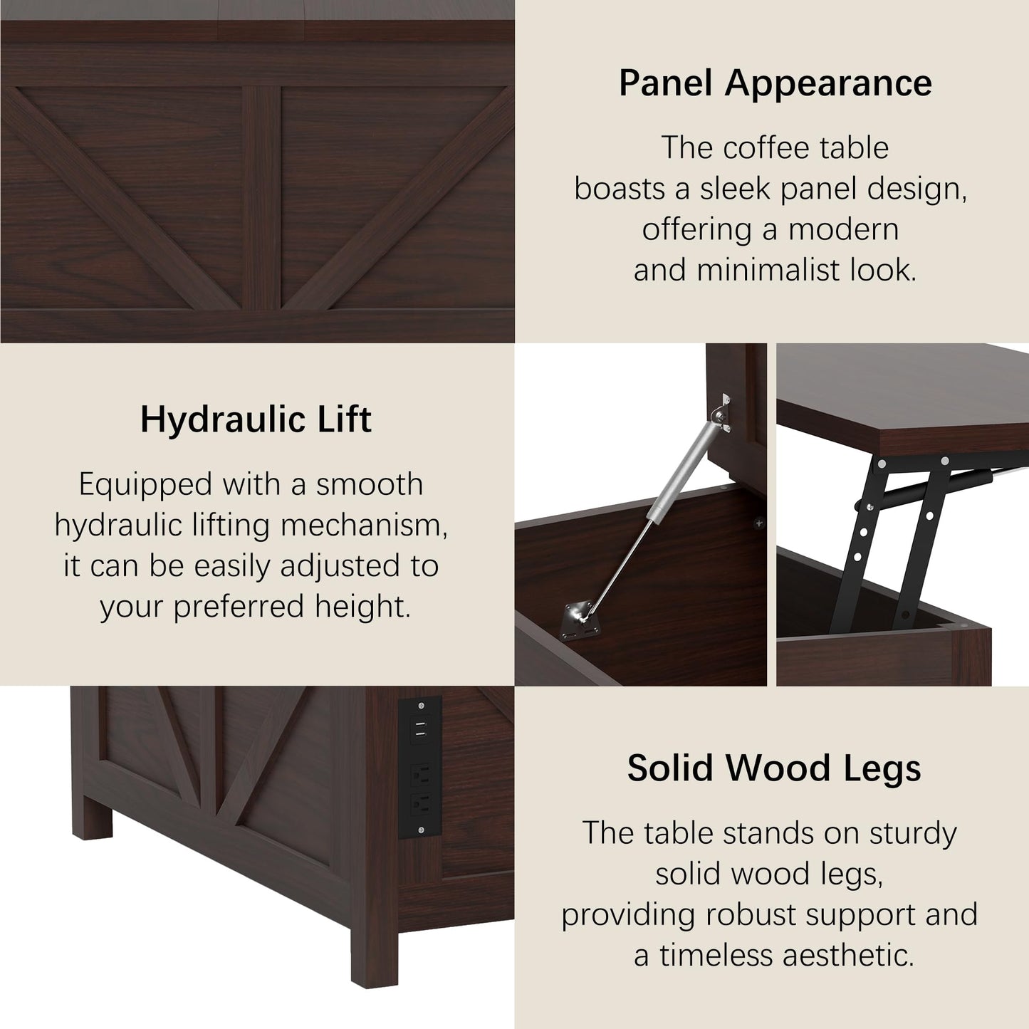 Otterease Farmhouse Coffee Table, 35'' Lift Top Coffee Table with Storage and Large Hidden Storage, Square Coffee Tables with Charging Station, Brown Coffee Tables for Living Room, Home, Office