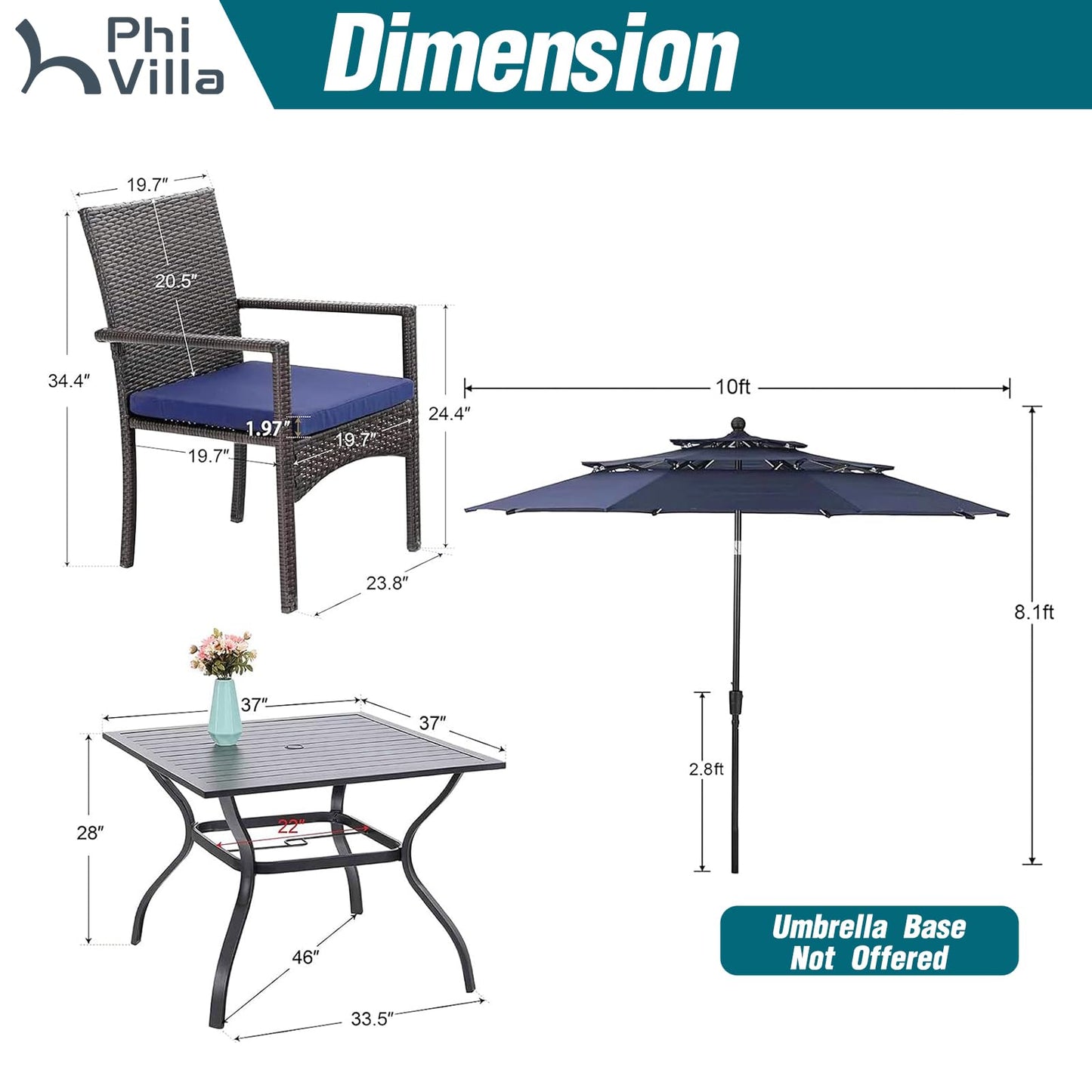 PHI VILLA 5 Piece Outdoor Dining Set with Umbrella, 37" Square Metal Dining Table & Cushioned Rattan Chairs with 10ft Blue Umbrella for Patio, Deck, Yard, Porch