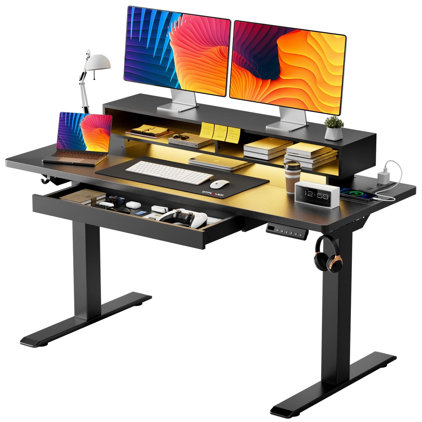 GTPLAYER Electric Standing Desk with Drawers, 48 x 24 Inch Height Adjustable Gaming Desk with Monitor Stand, Power Outlets & LED Lights, Home Office Sit Stand Up Desk with Memory Preset Controller