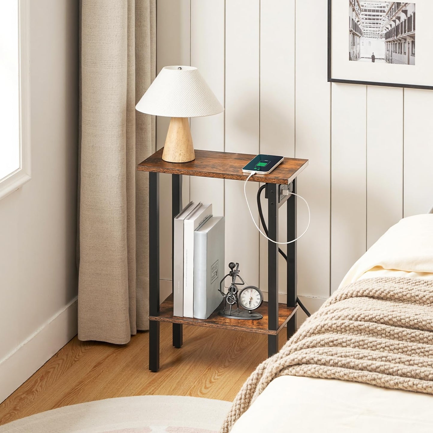 HOOBRO Small End Table with Charging Station, Narrow Side Table with USB Port and Outlets, Skinny Sofa Table, Slim Nightstand, Living Room, Bedroom, Rustic Brown and Black BF240UBZ01