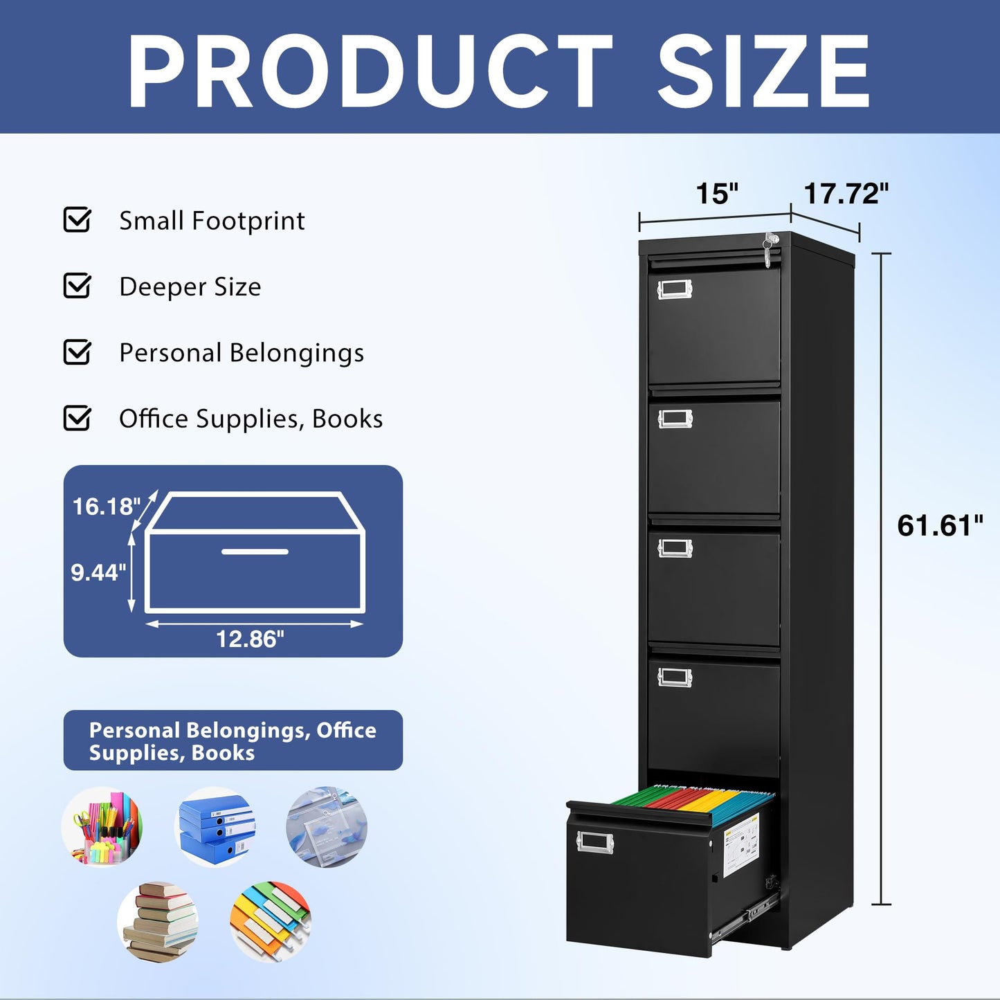 Anxxsu 5 Drawer File Cabinet, Filing Cabinets for Home Office, Vertical File Cabinet with Lock, 61.6" H Locking File Cabinet for A4 Legal/Letter, Assembly Required (Black)