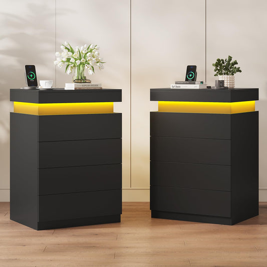 ADORNEVE Black Night Stand Set of 2,Tall Nightstand with Charging Station & LED Light & Sliding Top,Bedside Table with Drawers,Modern Bed Side Tables Bedroom